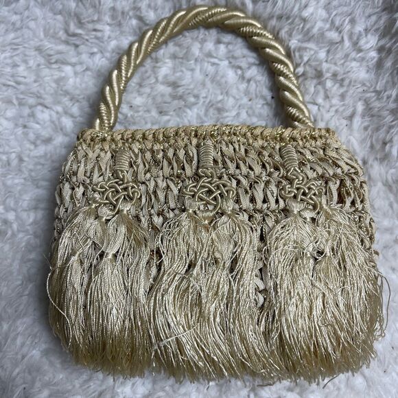 Koret Vintage Beige and Gold woven and macrame threads handbag rope strap - Picture 1 of 12